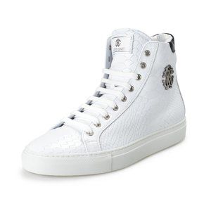 Roberto Cavalli Men's White Textured Leather High Top Fashion Sneakers Shoes